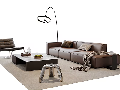Brown Leather Sofa And Coffee Table Set With Floor Lamp Throw Blanket And Pillows 3d model