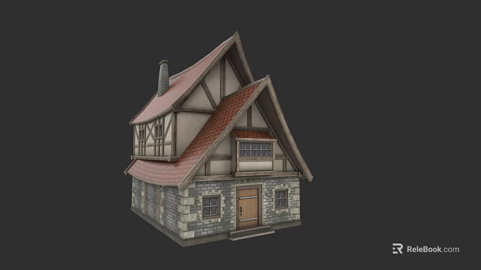 Traditional Detached Villa With Red Tile Roof Timber Frame Stone Walls And Wooden Door 3d model 