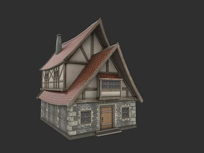 Traditional Detached Villa With Red Tile Roof Timber Frame Stone Walls And Wooden Door 3d model