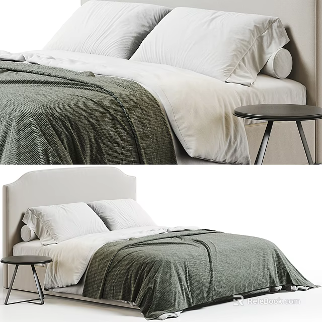 Modern Double Bed With Upholstered Headboard Gray Blanket And Side Table 3d model 