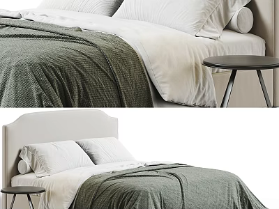 Modern Double Bed With Upholstered Headboard Gray Blanket And Side Table 3d model