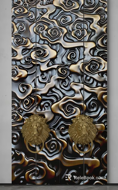 Background Wall with Gold Black Relief Pattern Swirling Clouds and Golden Lion Head Decorations 3d model 