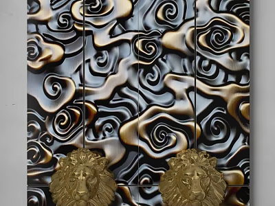 Background Wall with Gold Black Relief Pattern Swirling Clouds and Golden Lion Head Decorations 3d model