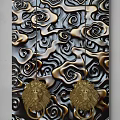 Background Wall with Gold Black Relief Pattern Swirling Clouds and Golden Lion Head Decorations