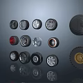 Various Car Tires With Stylish Alloy Rims Red Accents And Tread Designs