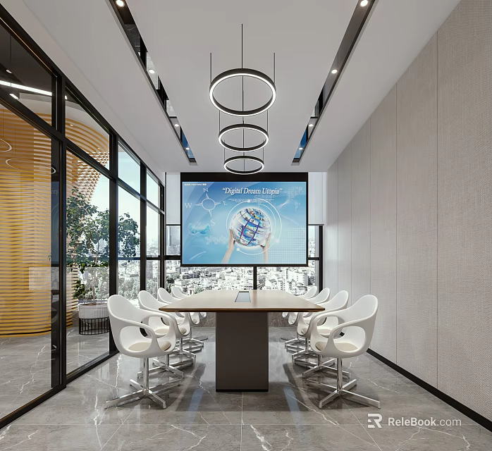 Modern Conference Room Interior With Large Screen Conference Table And White Chairs 3d model 