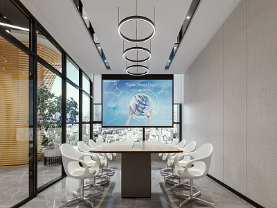 Modern Conference Room Interior With Large Screen Conference Table And White Chairs 3d model