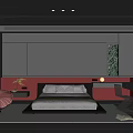 Modern Dark Bedroom With Red Accent Wall Bed Red Chair And Green Plant Rug
