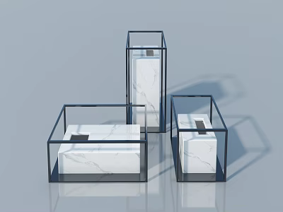 Modern Decorative Ornament Display Set With Black Frames And White Marble Surfaces 3d model