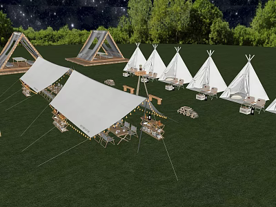 Outdoor Garden Landscape With White Tents Tables Chairs And Night Sky Stars 3d model