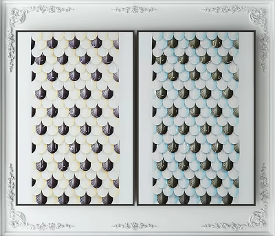 Two Wall Decorative Paintings With Dark And Blue Scallop Patterns And White Frames 3d model