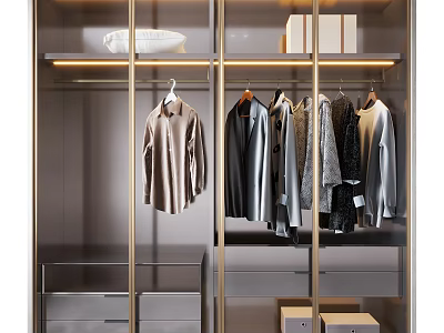 Modern Wardrobe Interior With Hanging Shirts Dresses Shelves Drawers And Storage Boxes 3d model