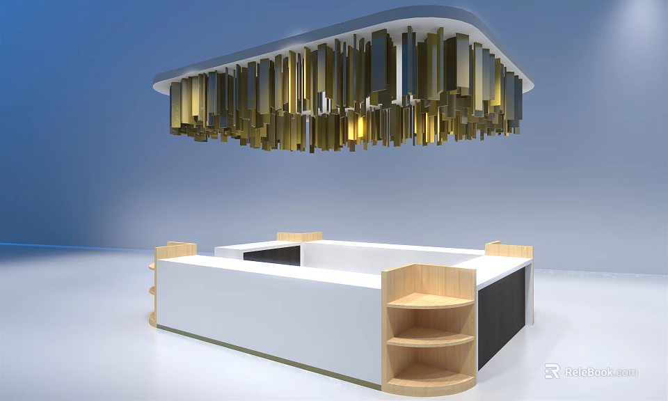 Modern Reception Desk Interior With Wooden Shelves And Hanging Golden Strips Chandelier 3d model 