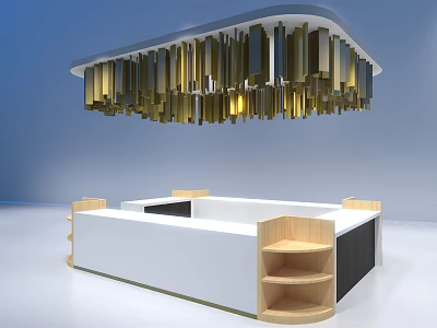 Modern Reception Desk Interior With Wooden Shelves And Hanging Golden Strips Chandelier 3d model