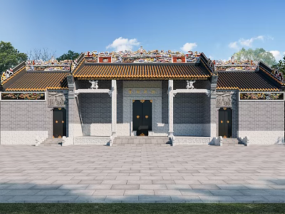 Traditional Ancient Chinese Architecture with Ornate Roof Carvings Overhanging Eaves Stone Steps Courtyard and Trees 3d model