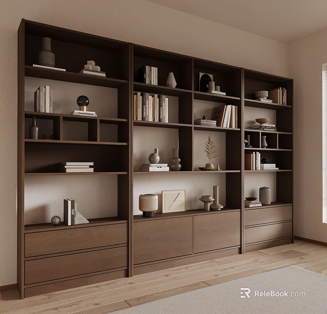 Modern Wooden Bookcase With Multiple Compartments Books Decorative Items And Storage Drawers 3d model 
