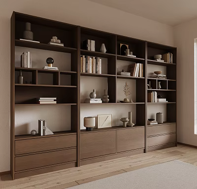 Modern Wooden Bookcase With Multiple Compartments Books Decorative Items And Storage Drawers 3d model
