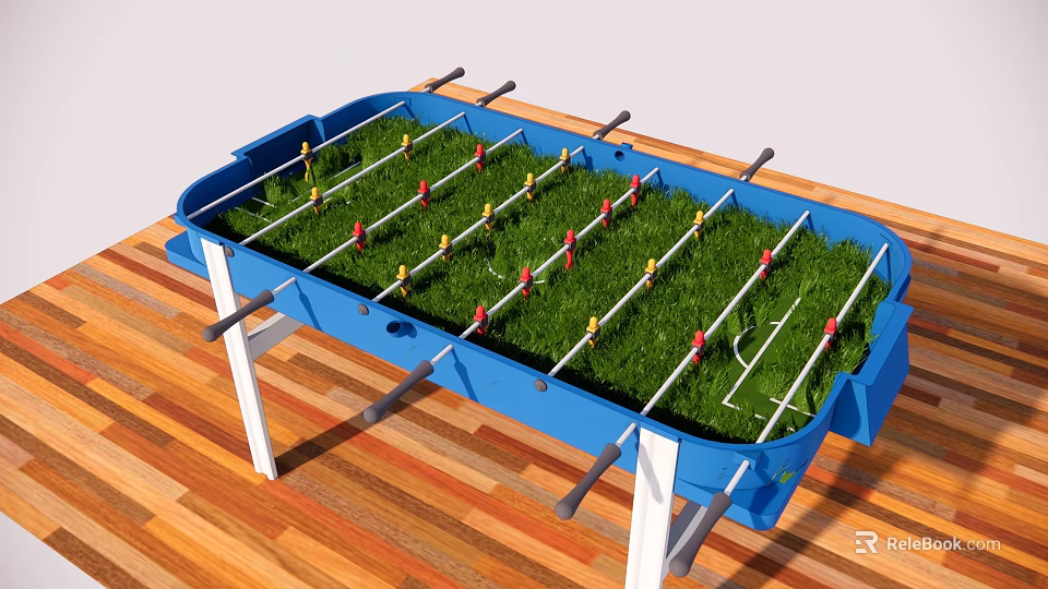 Blue Foosball Table With Green Grass Surface And Player Rods On Wooden Floor 3d model 