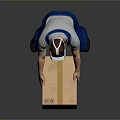 Person In Blue Overalls Wearing VR Headset Carrying Cardboard Box On Gray Background
