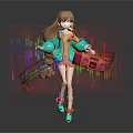 Vibrant Game Character With Long Brown Hair Green Jacket Red Radio And Colorful Music Notes