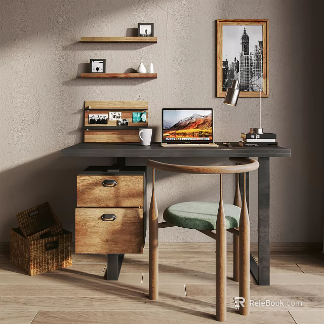 Stylish Home Desk With Laptop Coffee Mug Lamp Typewriter Drawers Chair And Wall Art 3d model 