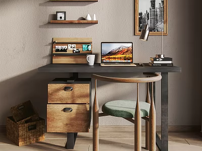 Stylish Home Desk With Laptop Coffee Mug Lamp Typewriter Drawers Chair And Wall Art 3d model