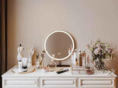 Chic White Dressing Table With Round Mirror Perfume Bottles Cosmetics And Makeup Brushes 3d model