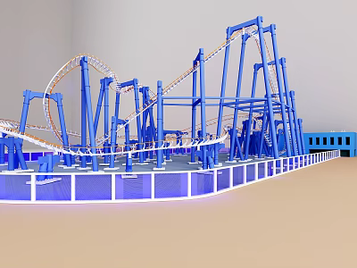 Amusement Equipment Blue Roller Coaster With Multiple Tracks Supports And Safety Fencing 3d model