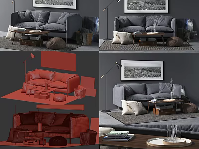 Modern Sofa and Coffee Table Set With Pillows Area Rug Floor Lamp and Wall Art 3d model