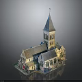 Historic Church Building With Tall Spire Stone Tower And Stained Glass Windows