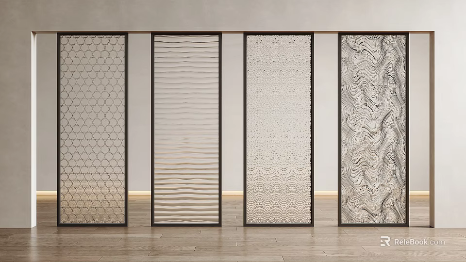 Modern Interior Room Dividers Showcasing Various Textured Glass Panels With Unique Patterns 3d model 