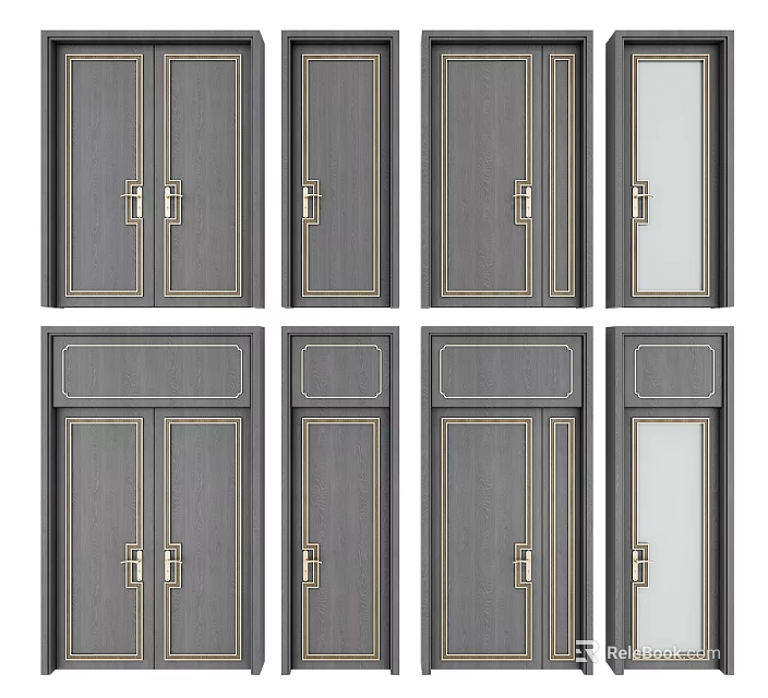 Modern Hinged Doors With Grey Panel Gold Trim And Glass Insert Styles 3d model