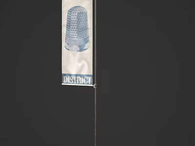 Vertical Billboard Featuring Thimble Design With District Text On Dark Background 3d model