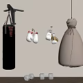 Home Gym Setup With Hanging Punching Bags Boxing Gloves And Dumbbells