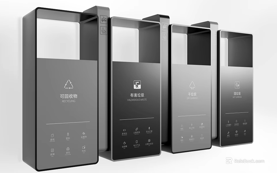 Modern Classified Trash Bins With Different Waste Categories And Sleek Design 3d model 