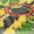 Red Circular Bridge Over Road Surrounded By Yellow Leaf Trees And Greenery 3d model