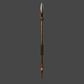 Ancient Bronze Axe With Curved Blade Long Handle Black Wrapped Section And Red Gemstone