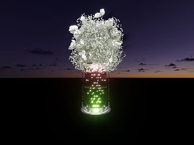 Banquet Hall Featuring White Flower Arrangement In Vase With Colorful Lights And Night Sky View 3d model