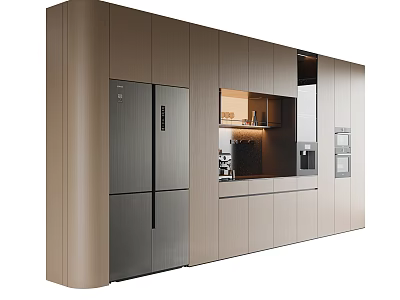 Modern Sleek Sideboard With Wooden Countertop Storage Cabinets And Integrated Appliances 3d model