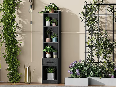 Black Storage Shelf with Multiple Potted Plants and Green Vines in Modern Indoor Space 3d model