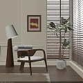 Stylish Accent Chair With Wooden Frame White Cushion Floor Lamp And Large Plant Near Window Blinds