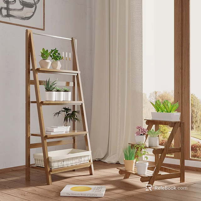 Indoor Plant Decor Featuring Wooden Ladder Shelf Succulents And Window Curtain 3d model 