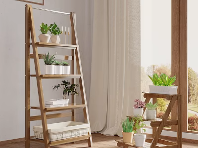 Indoor Plant Decor Featuring Wooden Ladder Shelf Succulents And Window Curtain 3d model