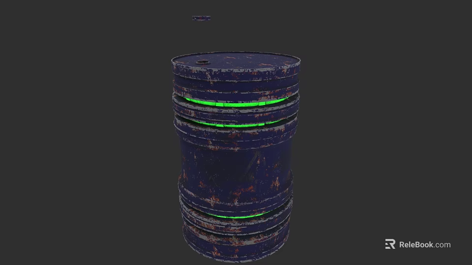 Industrial Equipment Rusty Metal Barrel With Green Glowing Stripes 3d model 