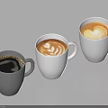 Gray and White Coffee Cups with Black Coffee and Lattes Featuring Heart Latte Art