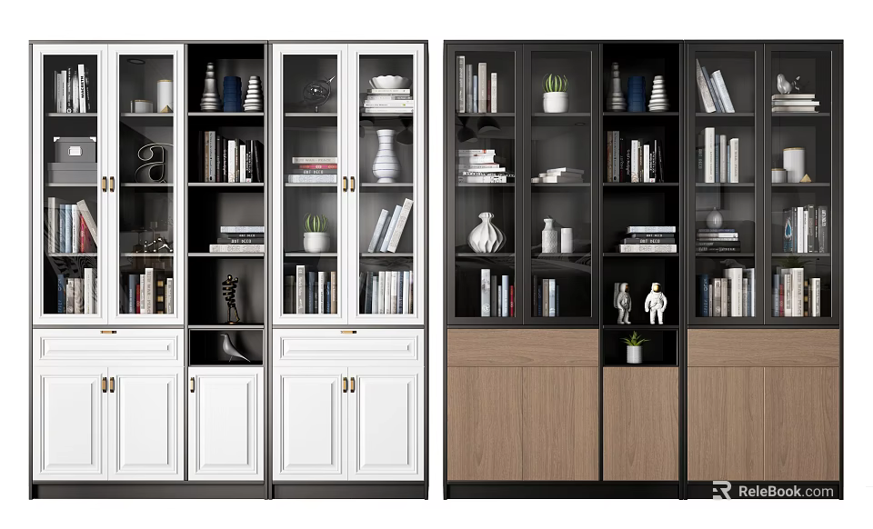 Modern White and Brown Bookcase Interior with Books Decorations Plants and Ornaments 3d model 
