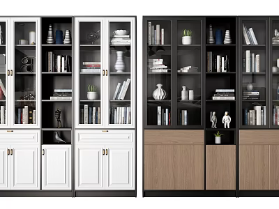 Modern White and Brown Bookcase Interior with Books Decorations Plants and Ornaments 3d model
