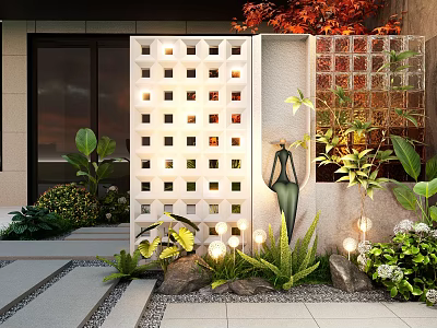 Contemporary Garden Landscape With White Lattice Screen Green Plants Sculpture Stone Path And Decorative Lights 3d model