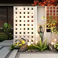 Contemporary Garden Landscape With White Lattice Screen Green Plants Sculpture Stone Path And Decorative Lights
