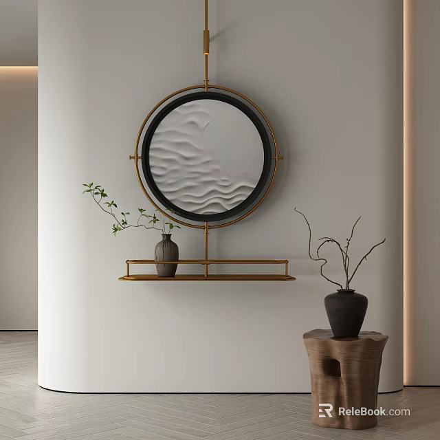 Abstract Painting With Circular Wave Texture Black Frame And Golden Stand On Minimalist Wall 3d model 